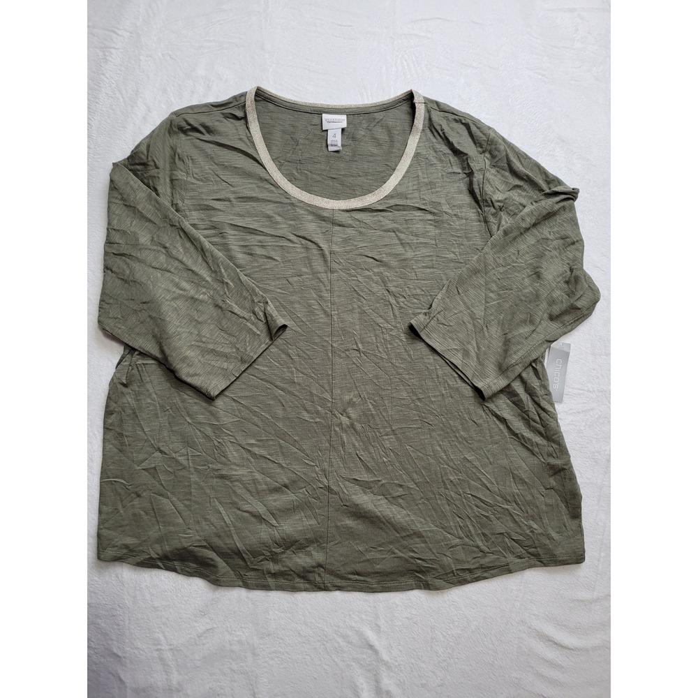 NWT Chico's Top Women Olive Green Slub Knit Metallic Trim 3/4 Sleeve Scoop XXL